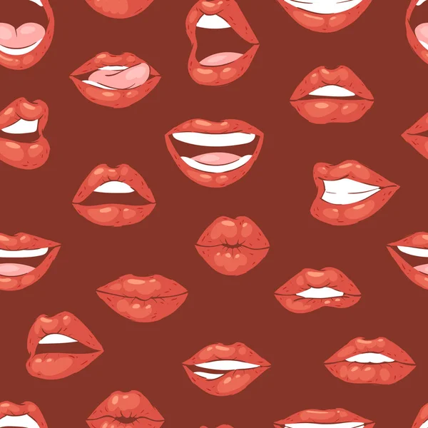 Beso labial vector sonrisa de dibujos animados y hermosos labios rojos o lápiz labial de moda y boca sexy besar encantador en San Valentín día set ilustración aislado sin costuras patrón de fondo — Archivo Imágenes Vectoriales