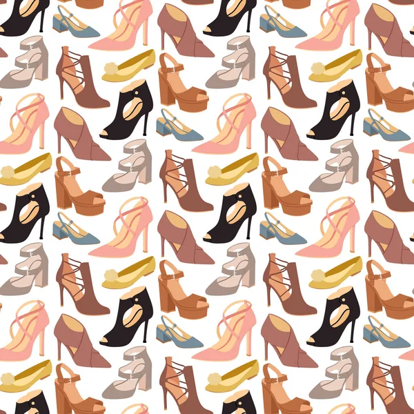 Damenschuhe flaches design vektor schuhe schuhgeschäft ad fashion stiefel handgezeichnet stil von lederfarbenen mokassins illustration tragen nahtlose muster hintergrund — Stockvektor