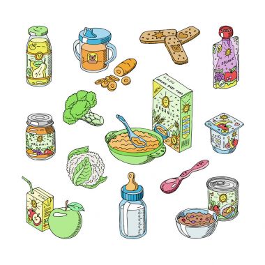 Çocuk Bakımı sağlık beyaz arka plan üzerinde izole meyve elma ile taze meyve suyu kavanoz illüstrasyon kümesindeki bebek gıda vektör çocuk sağlıklı beslenme ve sebze püresi püresi