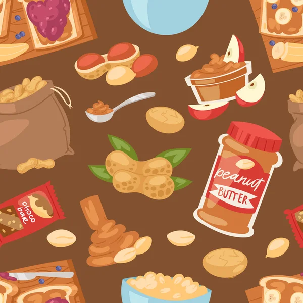 Арахісове векторне подрібнене масло або арахісова паста на тост хліб ілюстрація набір поживних горіхових вершків або горіхової шкаралупи ізольовані на безшовному тлі візерунка — стоковий вектор