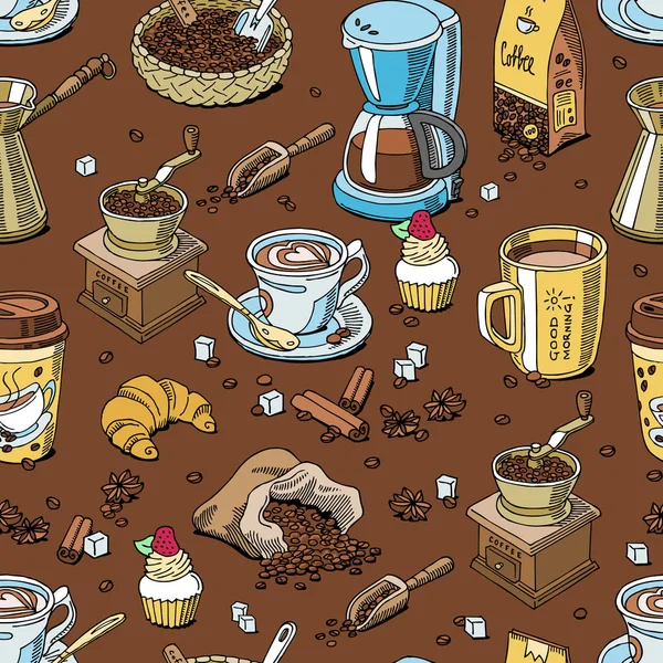 コーヒー セット コーヒー ショップとバーの図のシームレスなパターン背景にカフェインとマグカップの豆とコーヒー カップ ベクトル ドリンク熱いエスプレッソやカプチーノ — ストックベクタ