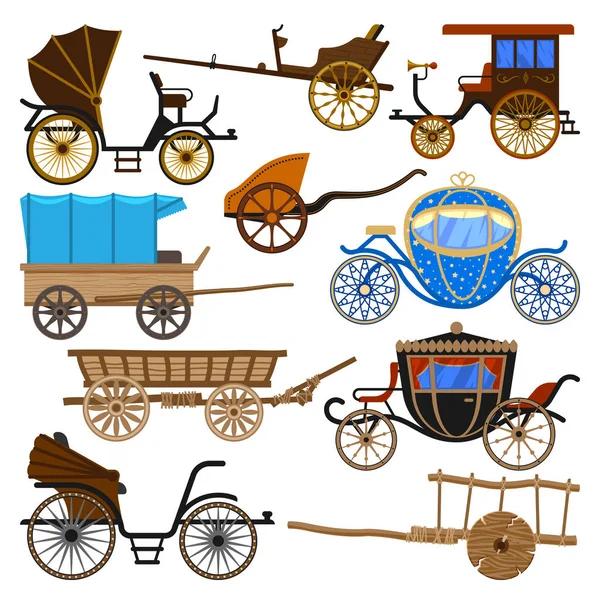 Carriage vector vintage transport with old wheels and antique transportation illustration set of royal coach and chariot or wagon for traveling isolated on white background Stock Vector