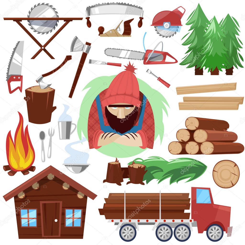 Timber vector lumberman character and logger saws lumber or hardwood set of wooden timbered materials in sawmill and lumberjack isolated on white background