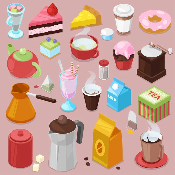 Postre pastel vectorial bebida café o té con magdalena horneada y rosquilla dulce en café ilustración conjunto de tazas de café y galletas horneadas de menú en coffeeshop aislado en el fondo — Vector de stock