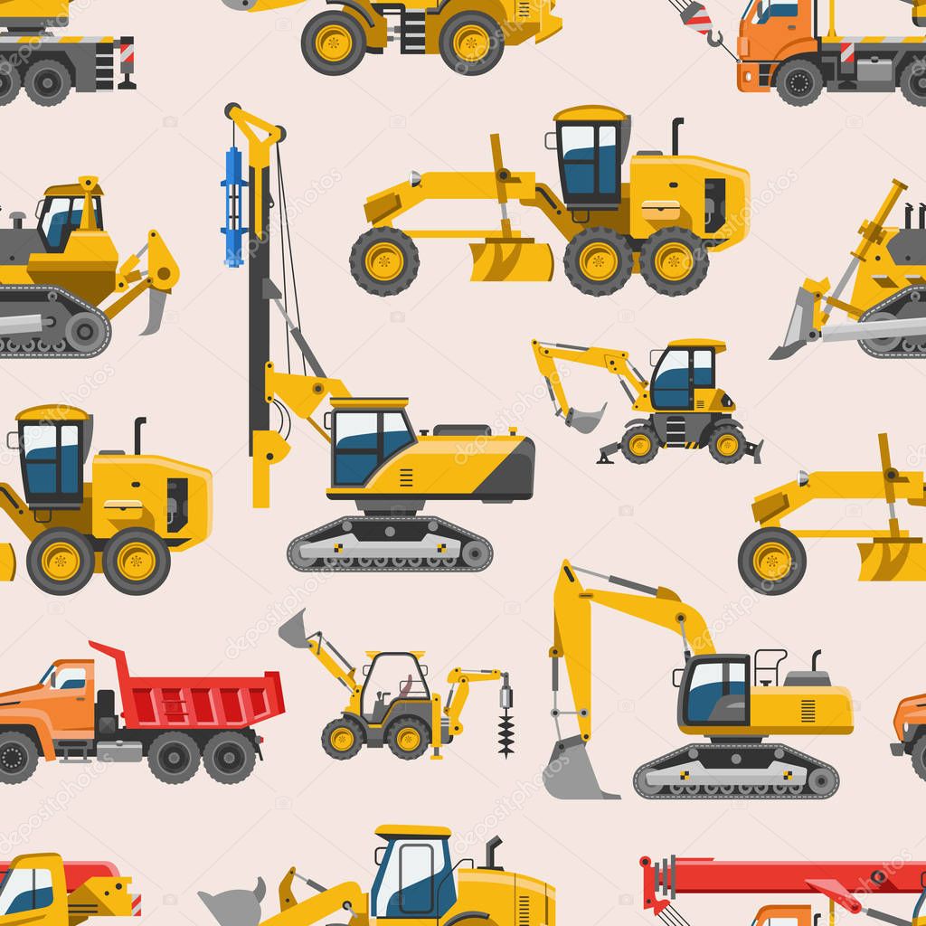 Excavator for construction vector digger or bulldozer excavating with shovel and excavation machinery industry illustration set of constructive vehicles and digging machine seamless pattern background