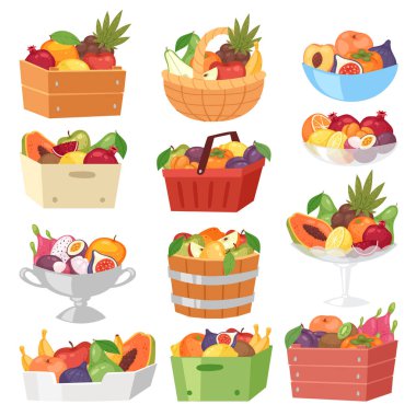 Meyve sepeti vektör meyveli elma muz ve kutusunu çizim verimli set sulu turuncu tropikal dragonfruit beyaz arka plan üzerinde izole kase taze dilimleri ile egzotik papaya