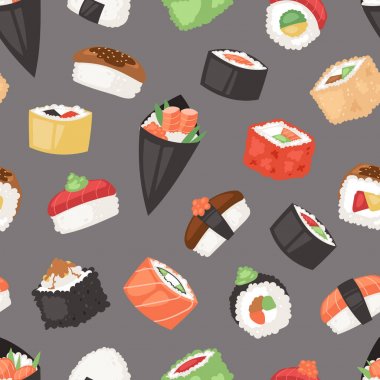 Japon yemekleri vektör suşi sashimi rulo veya nigiri ve meze deniz ürünleri pirinç kümesindeki Dikişsiz desen arka plan üzerinde izole Japonya Restoran illüstrasyon Japanization mutfağı