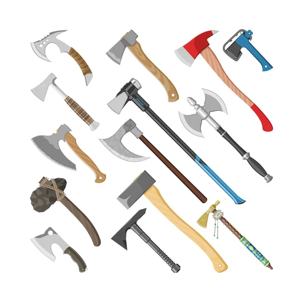 Ax ベクトル金属の斧装備構築と古代のツールが白い背景で隔離の鋭い刃を持つ手斧の木柄イラスト セット — ストックベクタ