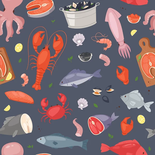 Tenger gyümölcsei vektor tengeri hal, kagyló és rák fishmarket illusztráció halászati sor, lazac, tigrisrák óceán ínyenc vacsora elszigetelt varrat nélküli mintát háttér — Stock Vector