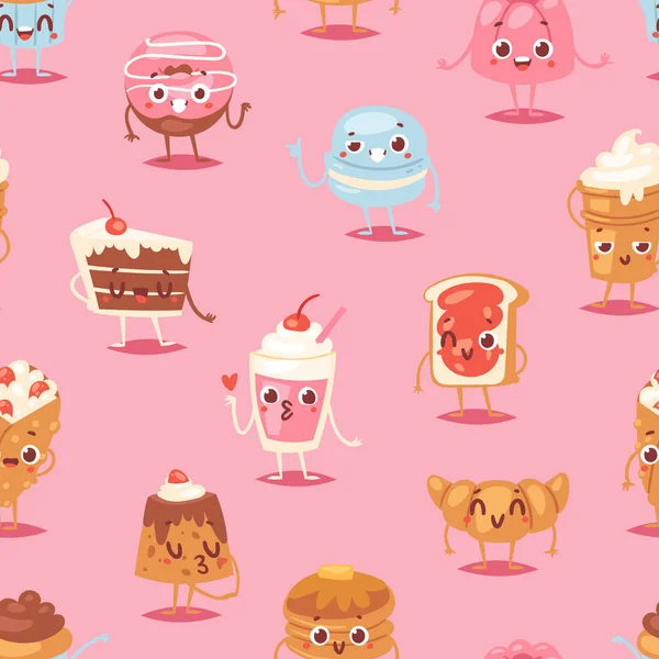 Personagem de bolo de desenhos animados vetor de chocolate doces confeitaria cupcake emoção e doce confeção sobremesa com doces confecionados ilustração confected donut in bakery seamless pattern background — Vetor de Stock