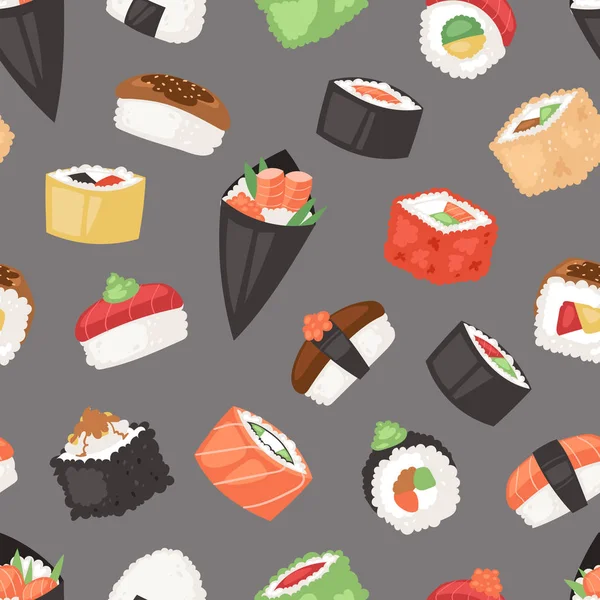 Japon yemekleri vektör suşi sashimi rulo veya nigiri ve meze deniz ürünleri pirinç kümesindeki Dikişsiz desen arka plan üzerinde izole Japonya Restoran illüstrasyon Japanization mutfağı — Stok Vektör