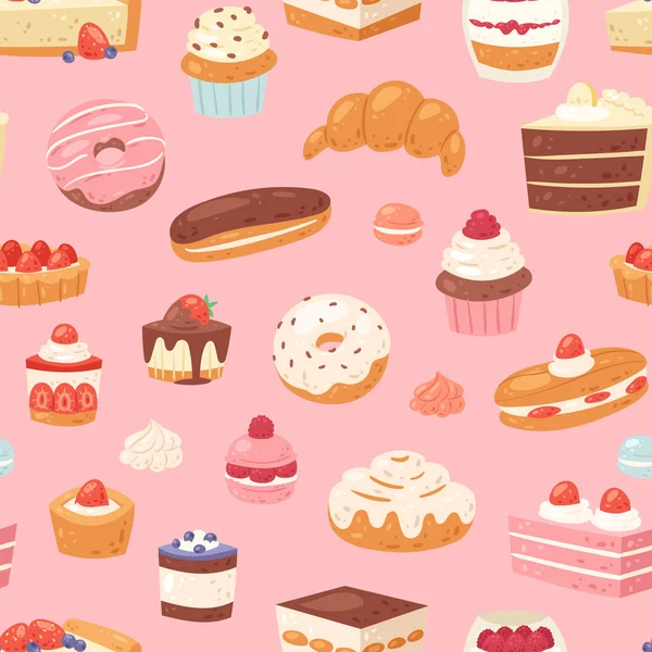 Τούρτα διάνυσμα ζαχαροπλαστικής σοκολάτα cupcake και σοκολατάκι γλυκό επιδόρπιο με εικονογράφηση caked καραμέλες confected ντόνατ με chococream και γλυκά σε αρτοποιείο που άνευ ραφής μοτίβο φόντου — Διανυσματικό Αρχείο