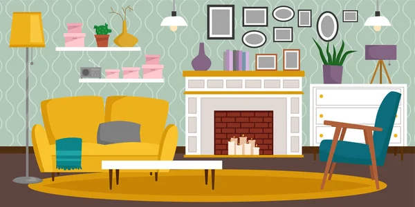 VIP vintage mobiliário interior rico rico casa quarto com sofá conjunto tijolo parede fundo vetor ilustração . — Vetor de Stock