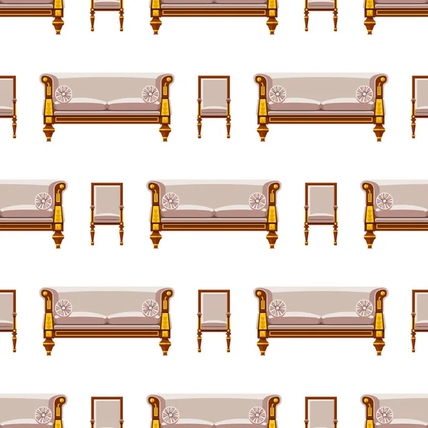 VIP-Vintage-Innenmöbel reich wohlhabenden Haus Stuhl Zimmer mit Sofa-Couch Sitz nahtlose Muster Hintergrund Vektor Illustration. — Stockvektor