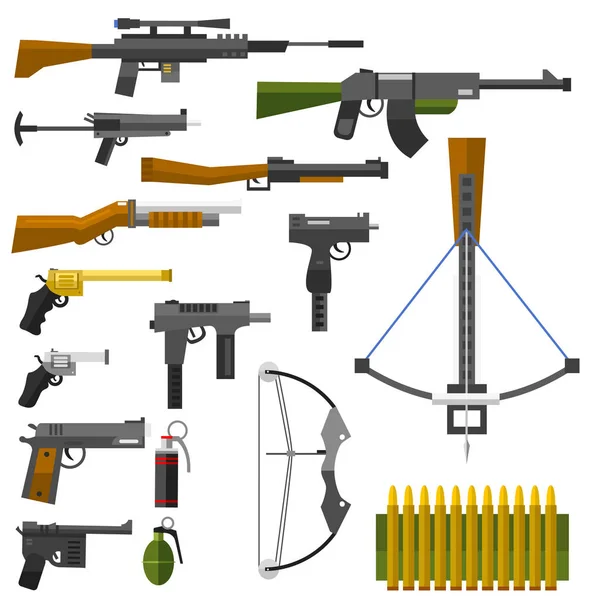Pistole pistole pistole mitragliatrice fucili d'assalto coltello da cecchino pistola pallottole icone vettoriale illustrazione . — Vettoriale Stock