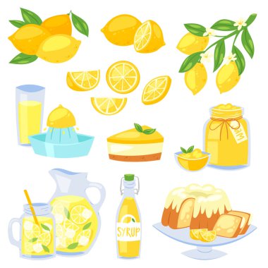Limon yemek vektör limoni sarı narenciye meyve ve taze limonata veya limonlu kek reçel ve beyaz arka plan üzerinde izole sitrik şurubu ile doğal suyu resimde kümesi