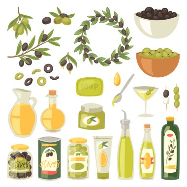 Zeytin vektör zeytinyağı şişesi bakire petrol ve vejetaryen gıda illüstrasyon set olivebranch için zeytuni malzemeler veya olivet için beyaz arka plan üzerinde izole çelenk ile