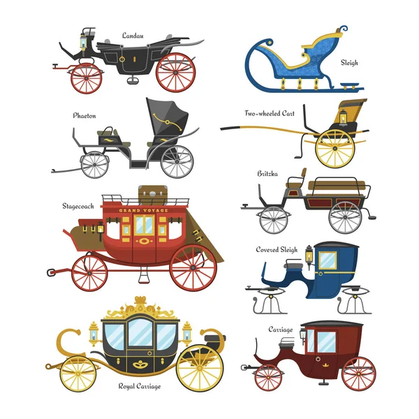 Transporte vetor de transporte vintage com rodas antigas e transporte antigo ilustração conjunto de ônibus real e carruagem ou vagão para viajar isolado em fundo branco — Vetor de Stock