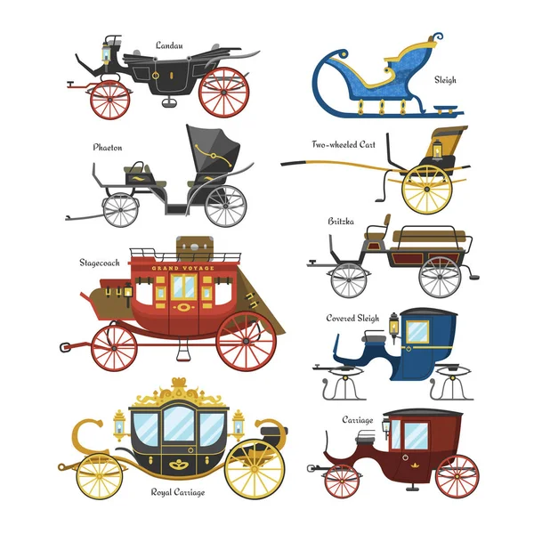 Transporte de vectores de transporte vintage con ruedas viejas e ilustración de transporte antiguo conjunto de carroza real y carro o carro para viajar aislado sobre fondo blanco — Archivo Imágenes Vectoriales