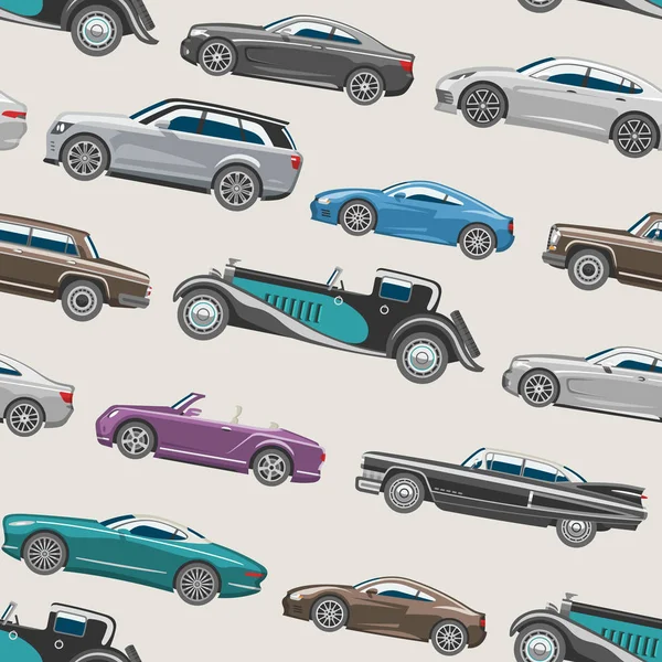 Luxus Auto Vektor Retro Autotransport und Fahrzeug Automobil Illustration Set der Automobilindustrie isoliert Citycar auf nahtlosen Musterhintergrund — Stockvektor