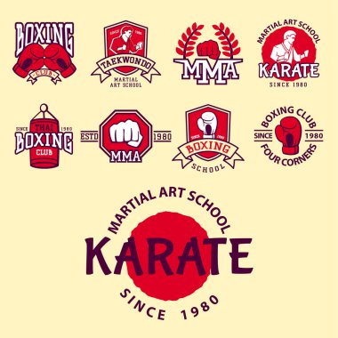 Serin dövüş kulübü Amblemler askeri eğitim şampiyon grafik stili yumruk spor, yumruk karate vektör çizim seti.