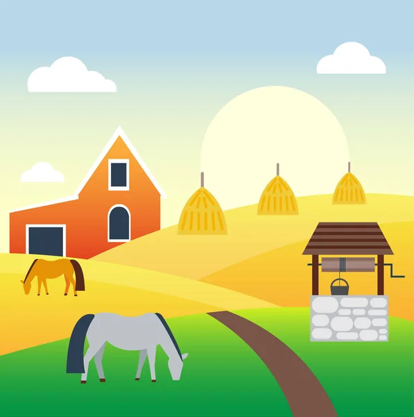 Fazenda agricultura banner paisagem rural produtos celeiro velho e campo cartoon vetor ilustração . — Vetor de Stock