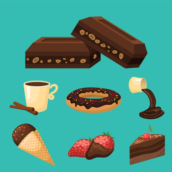 Chocolate varios dulces sabrosos y dulces dulce marrón delicioso gourmet azúcar cacao snack vector ilustración — Archivo Imágenes Vectoriales