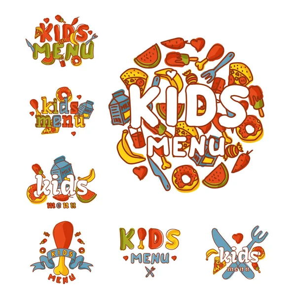 Kinderen biologische menu hand getekende banner vector cartoon schattig label restaurant gezond vers voedsel koken. — Stockvector