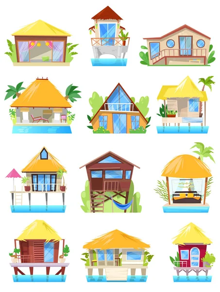Villa vector tropical resort hotel na praia do oceano ou fachada do edifício da casa no paraíso ilustração conjunto de bangalô na aldeia isolada sobre fundo branco — Vetor de Stock