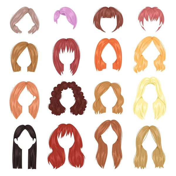 Peinado mujer vector corte de pelo femenino en pelo corto o largo y pelucas ilustración peluquería o corte de pelo con coloración aislada sobre fondo blanco — Vector de stock