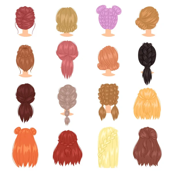 Плетене волосся Векторна зачіска жінки з французькою тасьмою або хвіст ілюстрація перукарня або стрижка з забарвленням ізольовані на білому тлі — стоковий вектор