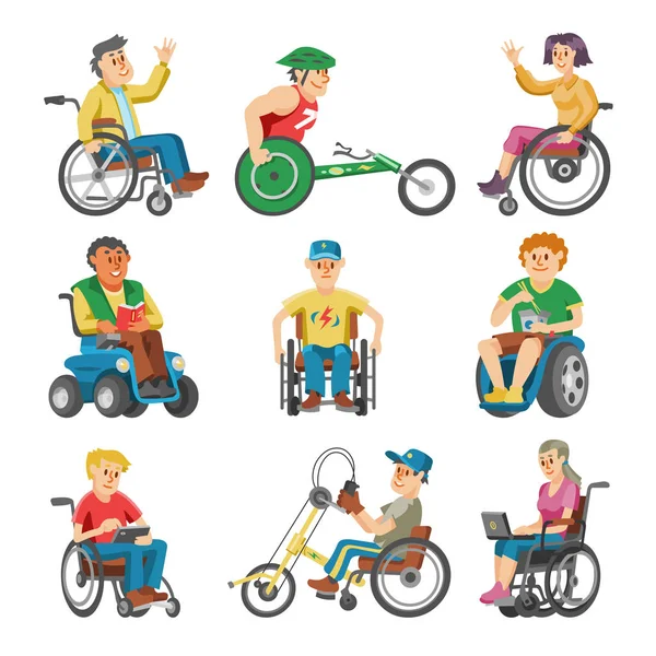 Handicapés en fauteuil roulant caractère vecteur de la personne handicapée avec handicap physique illustration ensemble d'homme invalide assis en fauteuil roulant avec isolé sur fond blanc — Image vectorielle