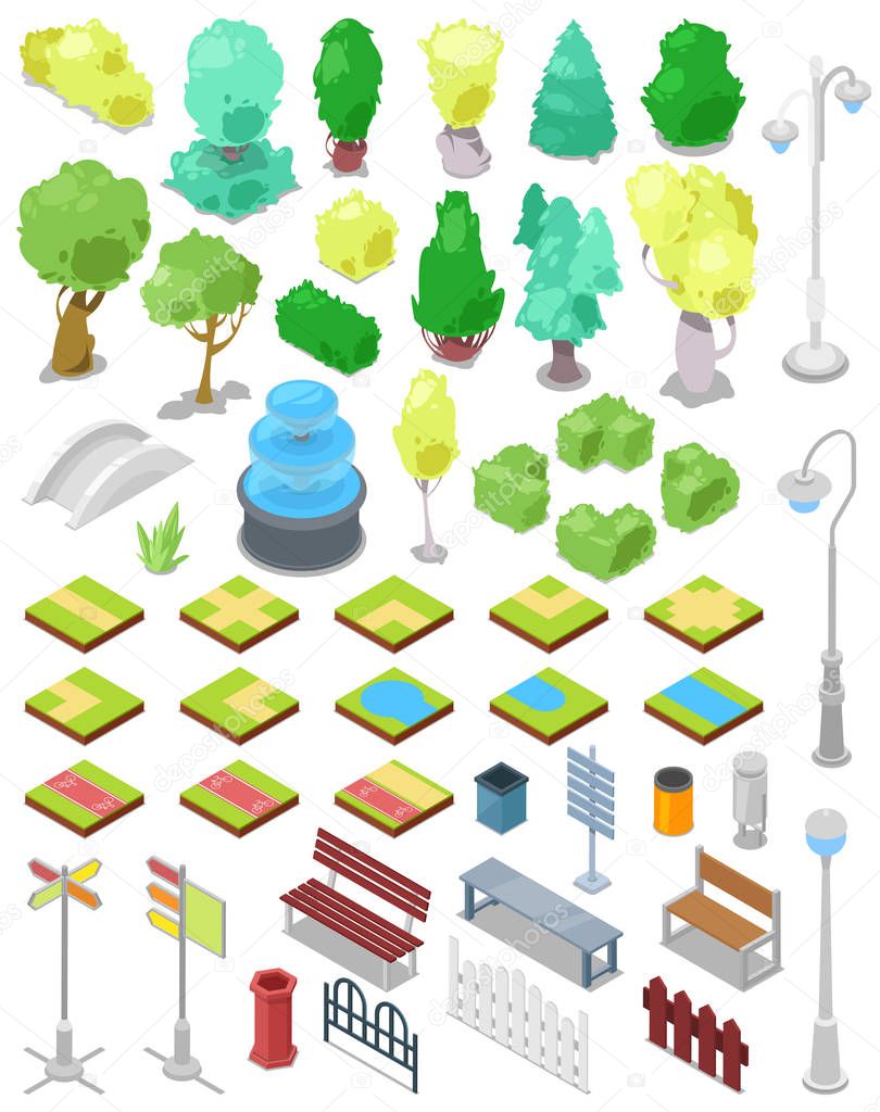 Park vector parkland with green garden trees with street lights or lamps and fountain in city illustration set of isometric parkway with benches and bins in cityscape isolated on white background