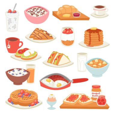 Kahvaltı vektör kahve ve kızarmış yumurta sabah illüstrasyon kümesi sağlıklı gıda püresi veya mısır gevreği ve kruvasan beyaz arka plan üzerinde izole coffeebreak üzerinde şekerli tatlı ile