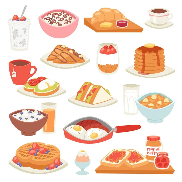 Colazione vettoriale caffè e uova fritte con dolce dessert al mattino illustrazione set di sano porridge alimentare o cereali e croissant su caffè rotto isolato su sfondo bianco — Vettoriale Stock