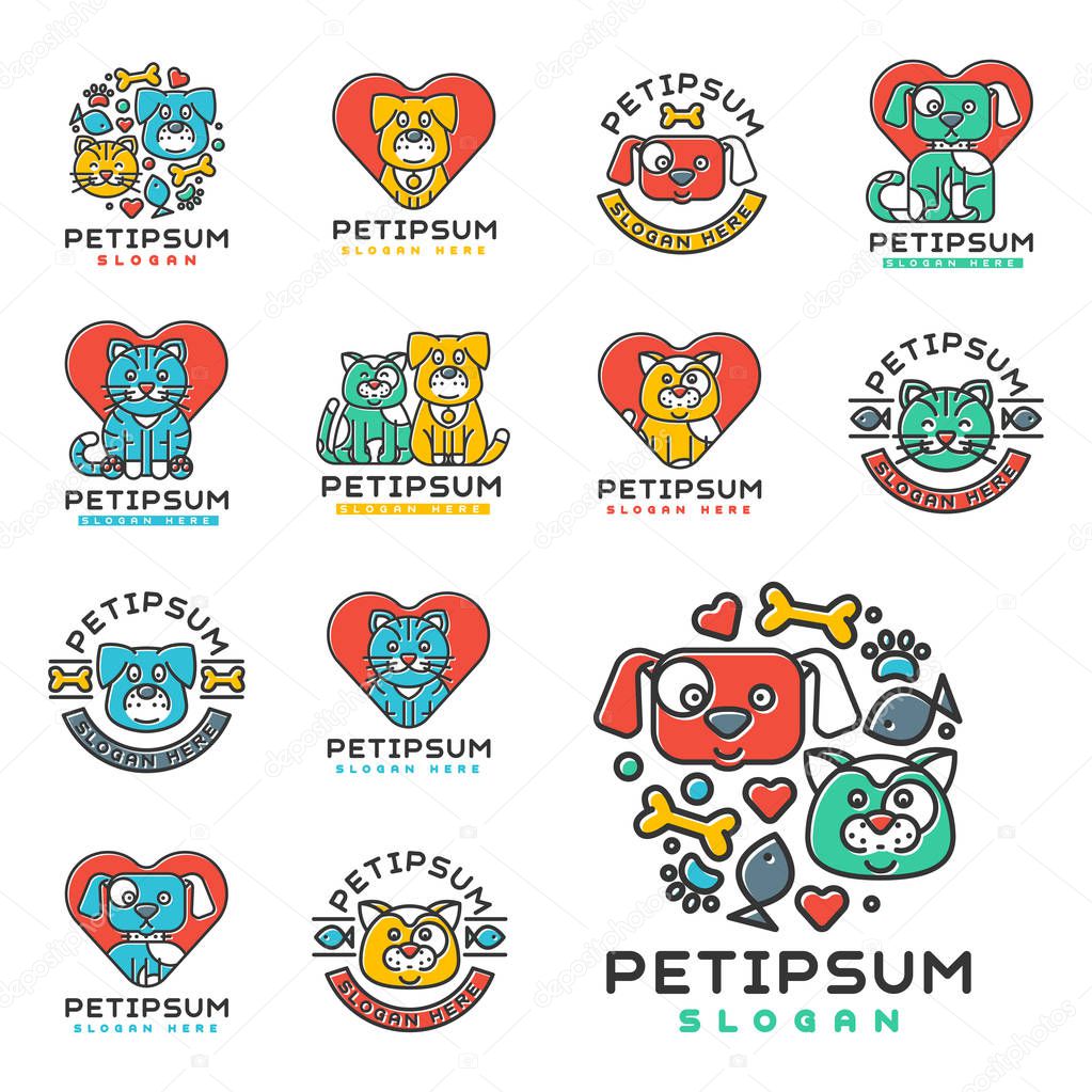 Pet cat and dog vector domestic insignia silhouette veterinary medical refuge shelter center for homeless pets animal element. Collection service dog and cat vintage cute logotype