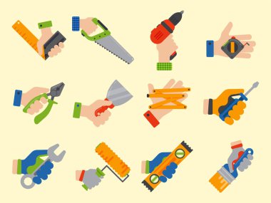 İnşaat araçları alt ekipman ev yenileme ev erkeği ile el illüstrasyon vektör.