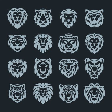 Aslan ve kaplan logo rozet gücü yırtıcı güç yaban kedisi vektör çizim yüz.
