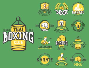 Serin dövüş kulübü Amblemler askeri eğitim şampiyon grafik stili yumruk spor, yumruk karate vektör çizim seti.