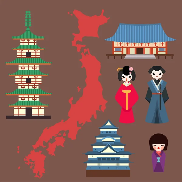 Vector de colores planos símbolos de Japón viajes y Asia turismo diseño embalaje tela tradicional fuji oriental arquitectura arte . — Vector de stock