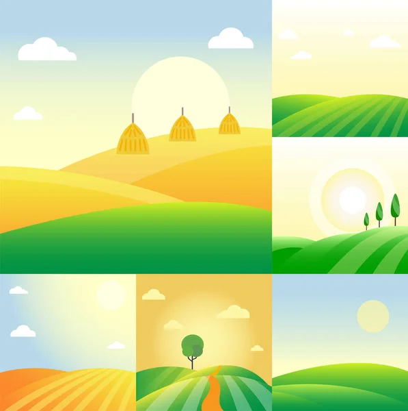 Gård jordbruk banner landsbygdens landskap produkter gammal lada och fältet tecknade vektorillustration. — Stock vektor