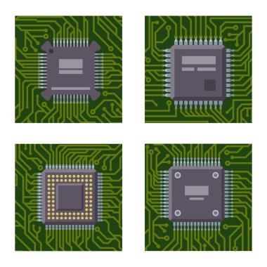 CPU Mikroişlemciler mikroçip broşür vektör çizim donanım bileşeni ekipmanları.