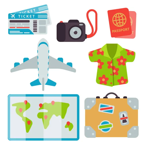 Aeroporto icone di viaggio piatto turismo valigia passaporto bagagli aereo trasporto vettore illustrazione . — Vettoriale Stock