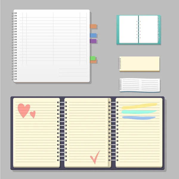 Aantal open realistische notitieblokken met pagina's dagboek bureau blad sjabloon boekje en blanco papier onderwijs beurt organisator vectorillustratie. — Stockvector