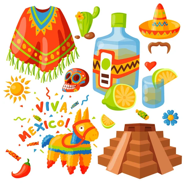 México ícones vetor ilustração gráfico tradicional viagem tequila álcool fiesta bebida etnia azteca maraca sombrero . — Vetor de Stock