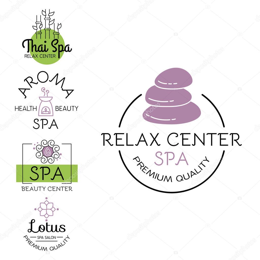 Vector health and beauty care logos or labels. Spa, yoga centers badges. Wellness signs. Hand drawn tags and elements set for organic cosmetics, natural products.