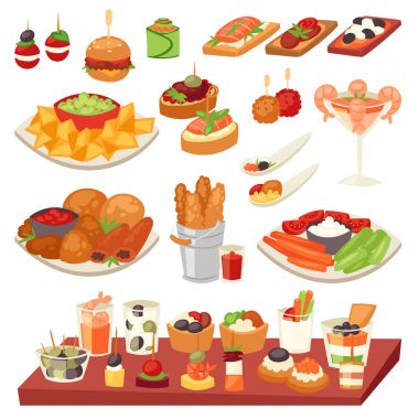 Meze vektör iştah açıcı yemek ve meze yemek veya starter ve kanepe illüstrasyon meze peynir ile set ve beyaz arka plan üzerinde izole öğle yemeği için ekmek