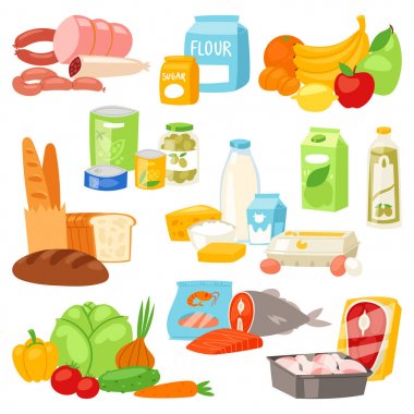 Gıda vektör yemek ürün yelpazesine sebze ya da meyve ve balık veya sosis süpermarket veya bakkal illüstrasyon grubunun parçası pasta ve süt ya da deniz ürünleri ve beyaz arka plan üzerinde izole