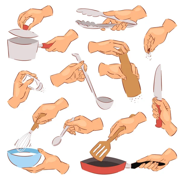調理手ベクトル シェフ ボウルや白い背景で隔離のナイフで手のキッチン用品や調理器具のイラスト セットを使ってフライパンで食糧を準備します。 — ストックベクタ