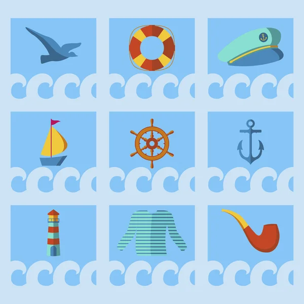 Elementos animales náuticos ola océano azul marino vector ilustración . — Vector de stock